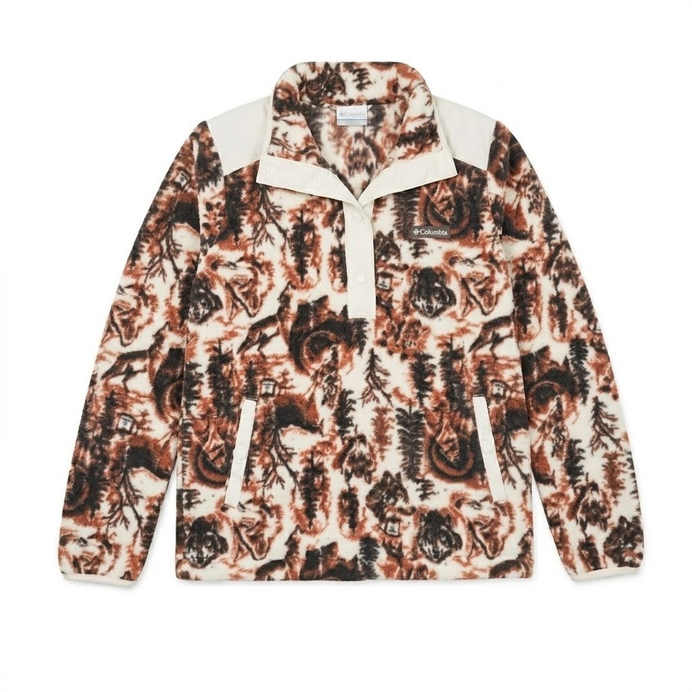 Vintage 90s Columbia Womens XS Wolf Print Fleece Pullover  XL Brown